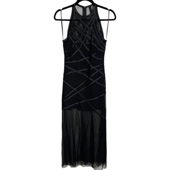 90s Tadashi Bodycon Dress Ribbon Accent Mesh Sheer Mini Maxi Gown Avant Garde
